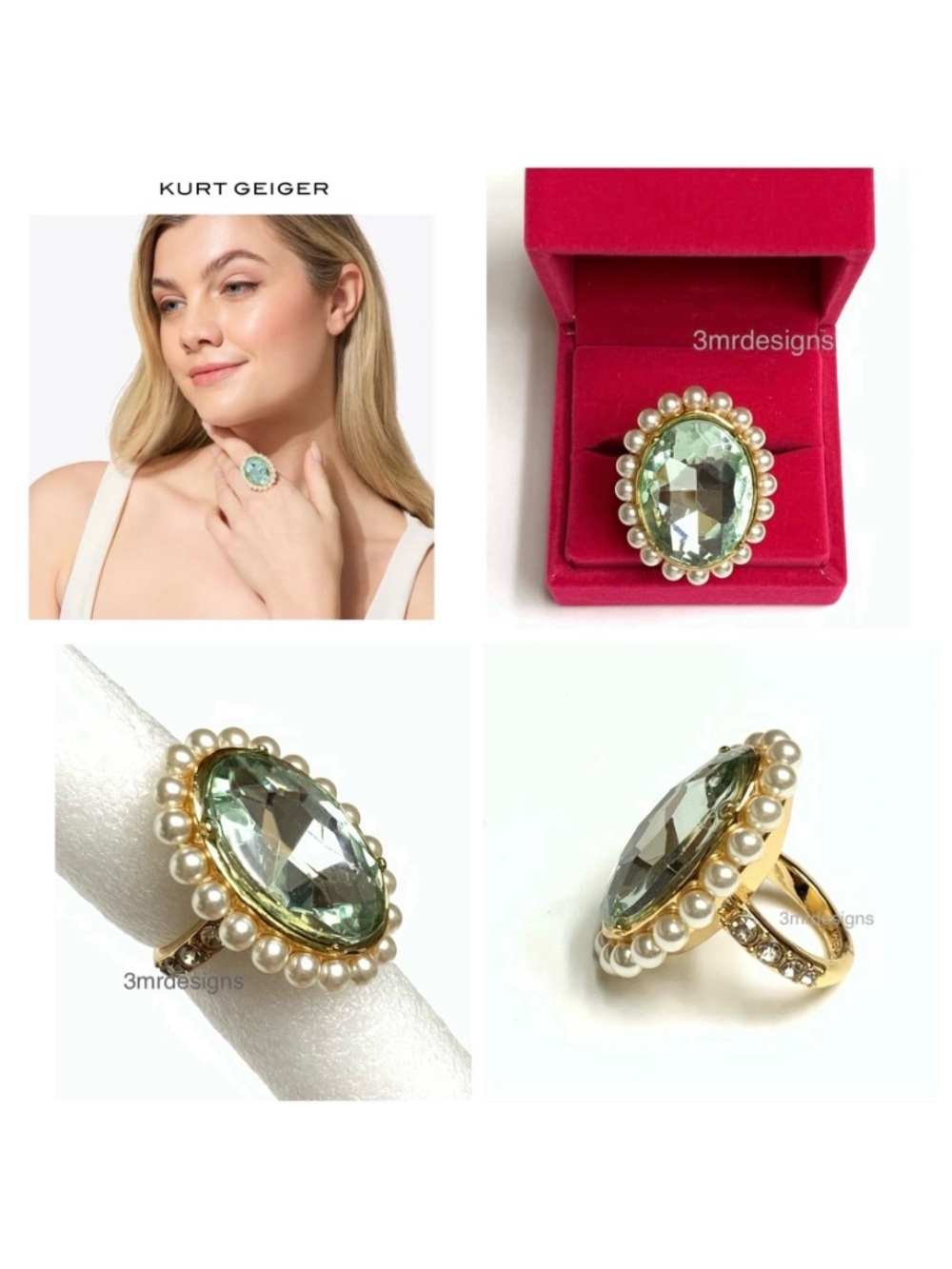 NIB KURT GEIGER LONDON Gold Tone Oval-cut Glass Crystal & Faux Pearls Ring